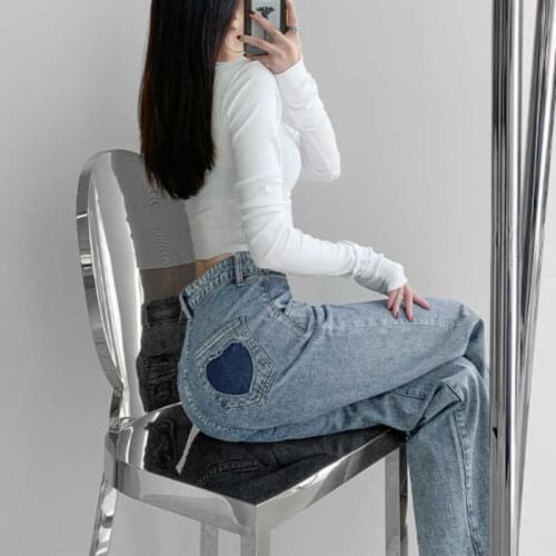 TVVOVVIN High Waist Do Old Washed Jeans Women Korean Loose Casual Heart-shaped Pocket Vintage Wide Leg Pants Mb2w