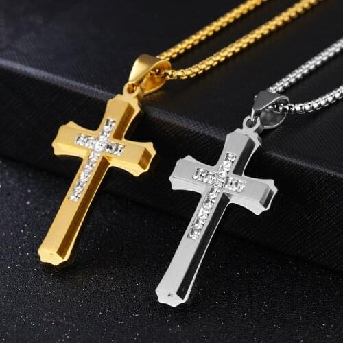 European American Hip Hop Jewelry 2021 Trend Stainless Steel Multi Layered Cross Zircon Pendant Mens Necklace For Women 550mm