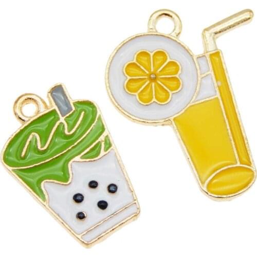 Julie Wang 6PCS Enamel Drink Charms Alloy Gold Tone Lemon Juice Milk Tea Pendant Bracelet Jewelry Making Accessory