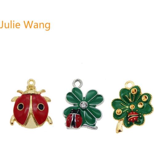 Julie Wang 6pcs Mixed Enamel Clover Ladybug Cute Charms Alloy Necklace Bracelet Pendant Earring Jewelry Making Accessory