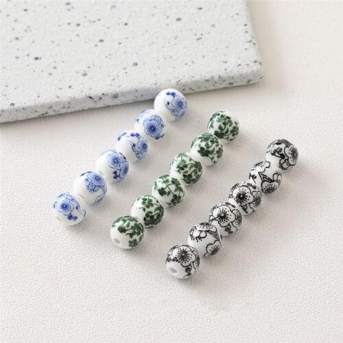 Summer style 100pcs/lot 12mm color flowers pattern print geometry rounds shape Straight hole Ceramic beads diy jewelry accessory