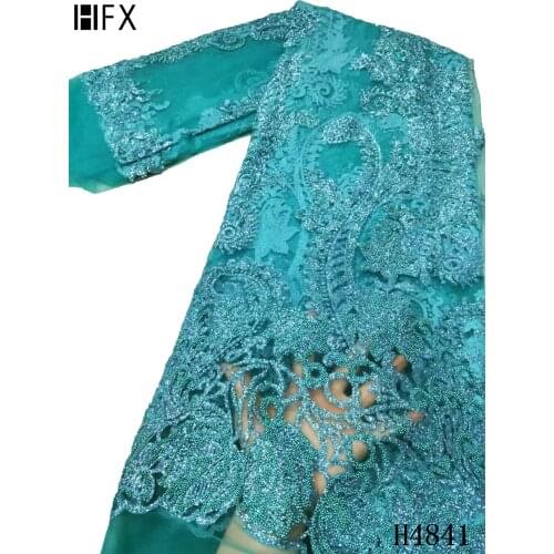 HFX Green African French Net Lace Beaded glittering Tulle lace fabric Embroidery Lace Fabric For Party Dress X4841
