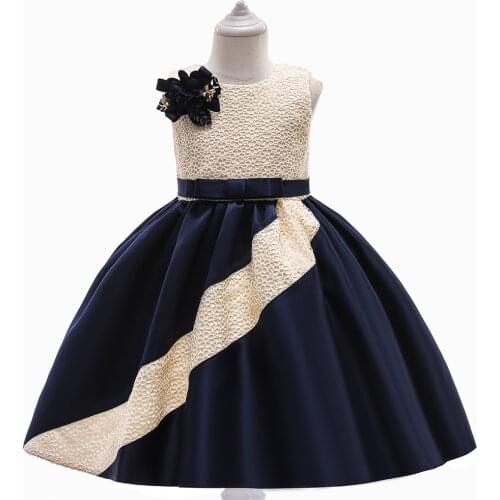 Pretty Birthday Dress for 4-10 Year Baby Girl Clothes Flower Navy Ball Gown Child Girl Princess Dress Satin Toddler Kids Drsses