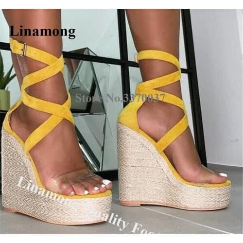 Linamong Fashion Women Open Toe PVC Strap High Platform Wedge Sandals Suede Leather Straps Cross Straw Bottom Wedges Dress Shoes