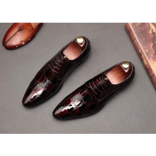 Men Dress shoes lace up casual low heel shoes genuine leather alligator print plaid pointed toes dark blue breathable shoe