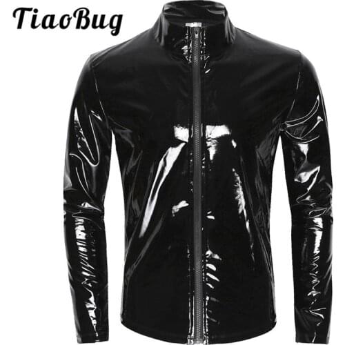 TiaoBug Men Black Shiny Metallic Sexy Top Long Sleeve Stand Collar Wet Look Patent Leather Nightclub Party Stage Dance Shirt Top