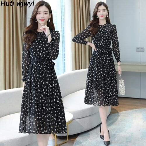 Autumn Winter Black Vintage Floral Chiffon Midi Dress Plus Size Korean Casual Boho Beach Dress 2021 Elegant Women Party Vestidos