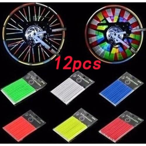 12 pcs Dazzle reflective spoke ring dead fly road mountain bike warning strip steel wire card strip color card strip