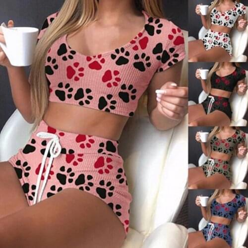 Two Piece Cotton Pajama Set Sexy Lips Print Top+Shorts Pyjamas Short Sleeve Sleepwear High Elastic Pijama Nightie Home Clothes