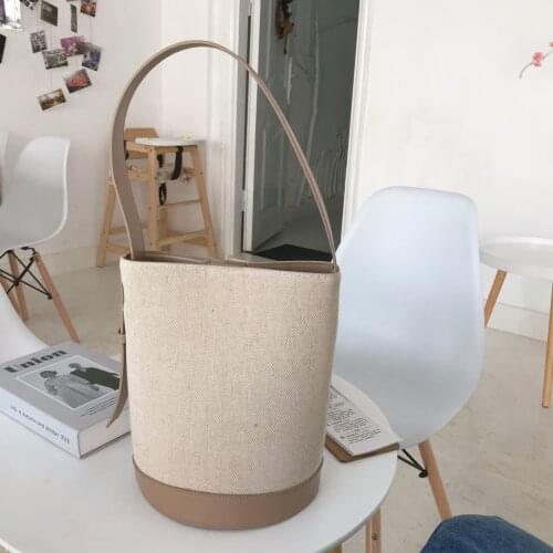 Casual Linen Bucket Bag for Women Designer Canvas Women Handbags Luxury Wide Strap Patchwork Shoulder Bags Large Capacity Tote