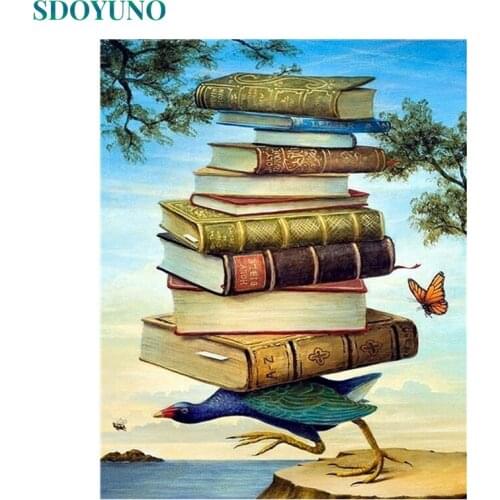 SDOYUNO 60x75cm Oil Painting By Numbers Kits DIY Pictures By Numbers On Canvas Bird And Books Hand Painting Home Decor
