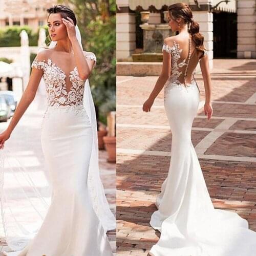 Sexy Mermaid Wedding Dress Satin Cap Sleeve Vestido De Noiva Lace Appliques Beach Bride Dresses Romantic Buttons Sweep Train