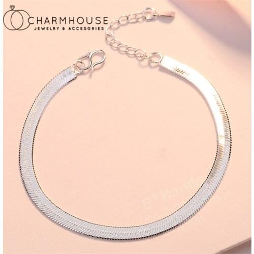 Silver 925 Charm Bracelets For Women 5mm Flat Snake Chain Bracelet & Bangle Wristband Pulseira Femme Fashion Jewelry Party Gifts