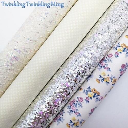 Cream Glitter Fabirc, Faux Leather Fabric, Flowers Synthetic Leather Fabric Sheets For Bow A4 21x29CM Twinkling Ming XM601