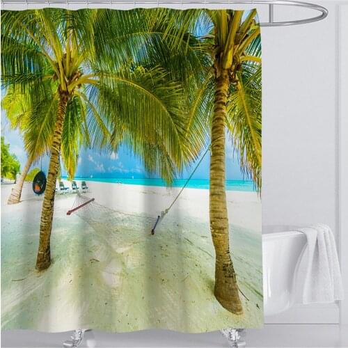Beach Sea Palm Trees Shower Curtains Scenery Waterproof 3d Bathroom Curtains with Hooks Home Decoration Washable Bath Screen