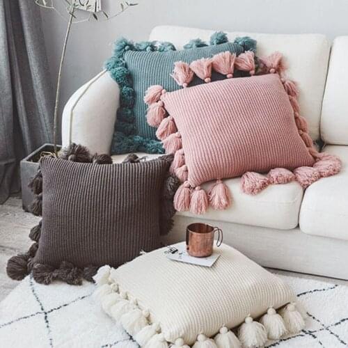 Knitted Cushion Cover Solid Nordic Pink Beige Pillow Case with Tassle For Sofa Bed Room Home Decorative 45*45cm Throw Pillows
