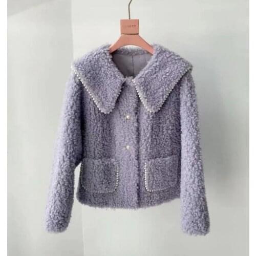 2021 new womens cashmere fur one purple jacket temperament fashion chic navy collar short cashmere jacket women
