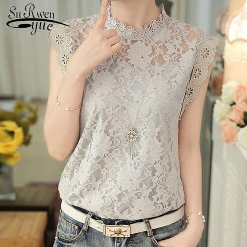 Women Summer Blouse Gray Lace Shirt Women Plus Size Sleeveless Women Tops Sexy Hollow Lace See-Through Womens Clothing 59G