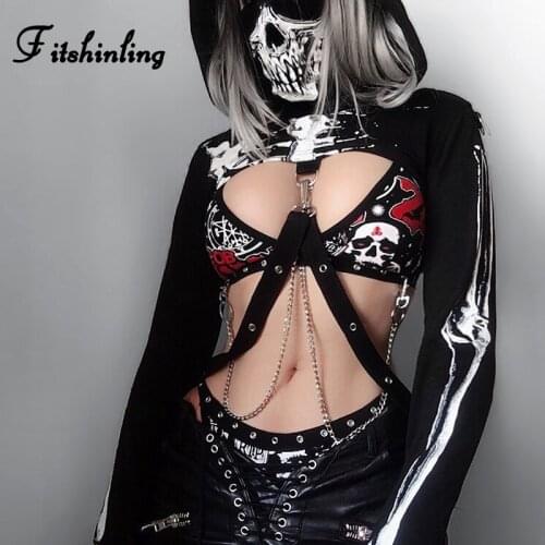 Fitshinling Skull Print Gothic Womens Hoodies Sweatshirts Harajuku Slim Cropped Hoodies Black Slim Autumn Sudadera Mujer Sale
