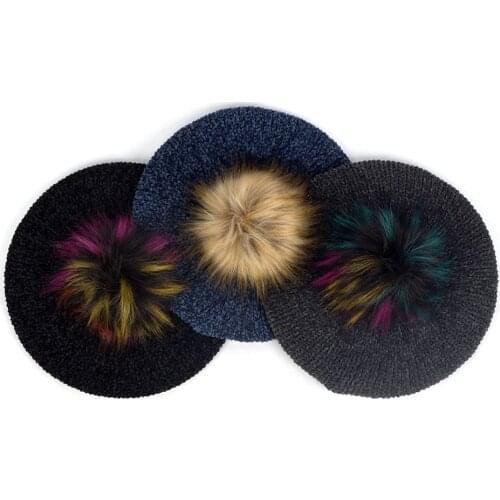 Female Knitted Berets With Faux Fur Pom Pom Elegant Women Fashion Winter Warm Hats Girl Bonnet Caps Plain Hat Beret
