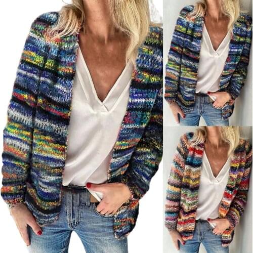 Autumn Winter Attractive Rainbow Stripes Cardigan Coat Sweater Cardigan Coat Striped for Office