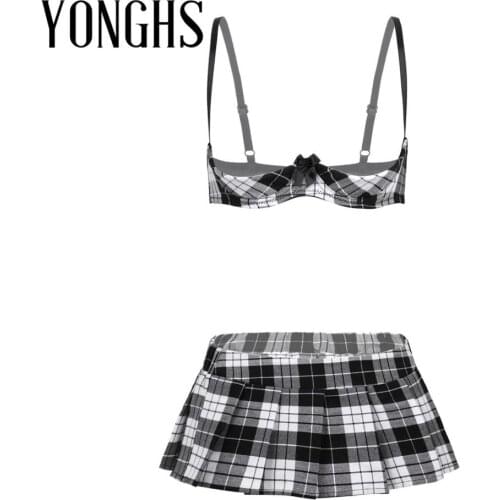 Womens Erotic Lingerie School Girls Sex Cosplay Costume Open Cup Bra Top with Mini Skirt and Bowtie Sexy Underwear Lingerie Set