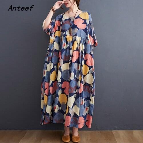 Short sleeve cotton vintage floral dresses for women casual loose long woman summer dress elegant clothes 2021