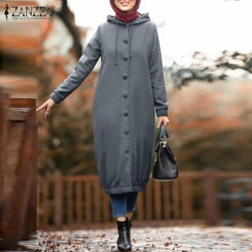Zipper Up Sweatshirt Dress ZANZEA Women Vintage Autumn Long Sleeve Sundress Casual Muslim Dress Kaftan Robe Solid Long Vestido