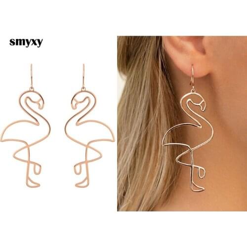1 Pair Women Metal Rose Gold Hollow Flamingo Earrings Personality Exaggerated Ladies Party Novelty Jewelry New POP