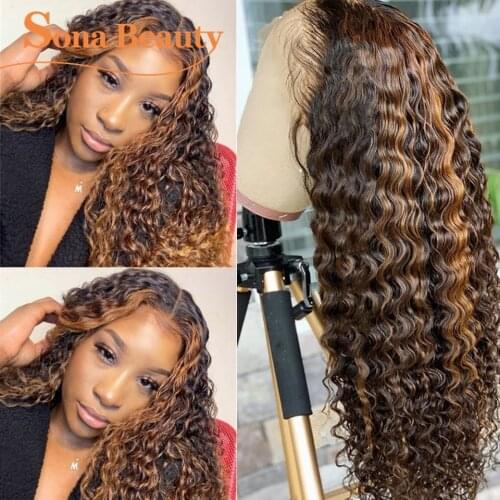 13X4 Highlight Curly Human Hair Wig Pre plucked Brazilian Remy Piano Color Deep Wave Lace Front Wigs for Black Women