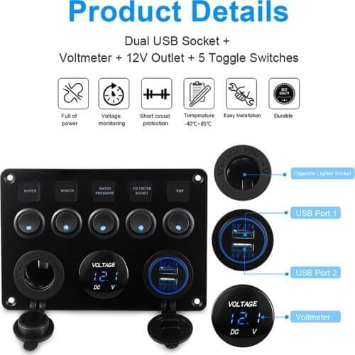 5 Gang Car Marine Boat LED Rocker Switch Panel Circuit Digital Voltmeter Dual USB Port Outlet Car Ship Yacht Combination Panel
