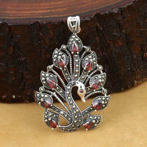 925 Sterling Silver Jewelry Retro Thai Silver Men And Women Models Inlaid Marcasite Peacock Delicate Garnet Pendant