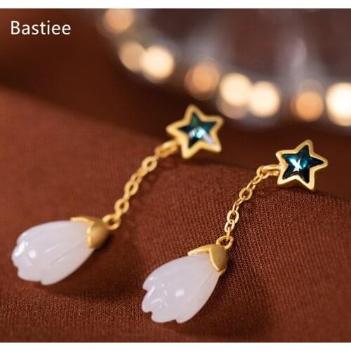 Bastiee Earrings For Women Vintage Silver 925 Jewelry Korean Earrings Jade Dangle Earrings Silver Earrings Golden Plated