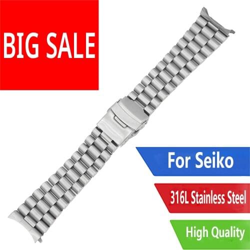 CARLYWET 20 22mm High Quality Silver Hollow Curved End Solid Links Replacement Watch Band Bracelet Double Push Clasp For Seiko