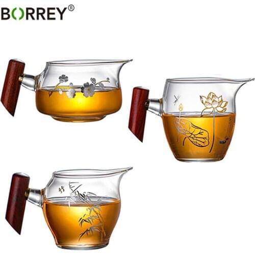 BORREY Teapot Heat Resistant Glass Wood Handle Fair Cup Kung Fu Drinkware Transparent Tea Dispenser Office Kettle Tea Puer Bowl