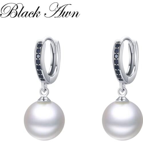 Black Awn Round pearl Hoop Earrings for Women Classic 925 Sterling Silver Trendy Spinel Engagement Fine Jewelry I222