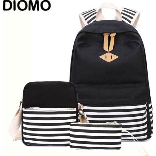 DIOMO School Bag Sets for Girls Womens Canvas Striped Backpack for Teenage Girls High Quality Female Book Bag Kids
