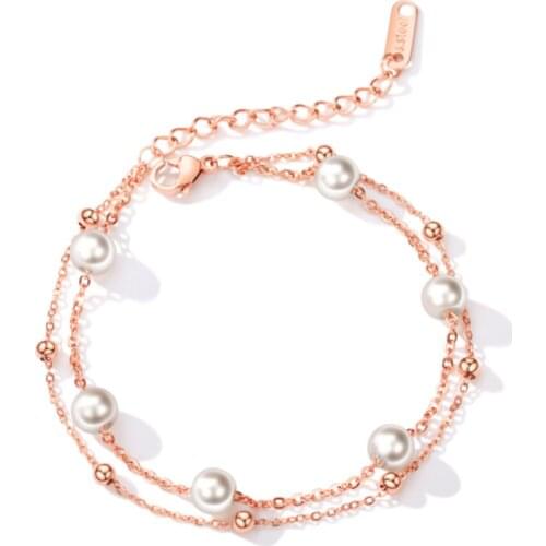 316L Stainless Steel Double Layer Pearl Bracelet Simple and Sweet Rose Gold Plated Titanium Steel Pearl Bracelet No Fading