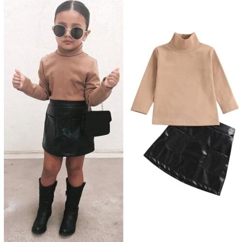FOCUSNORM Autumn Fashion Baby Girls Clothes Sets 0-4Y Long Sleeve Turtleneck Solid Tops PU Leather A-Line Skirts