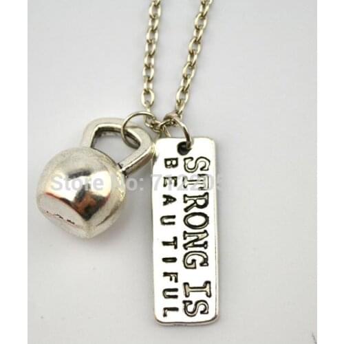 Dumbbell barbell Kettle bell with Strong is Beautiful Fitness weightlifting Gym chain necklace (A1203)