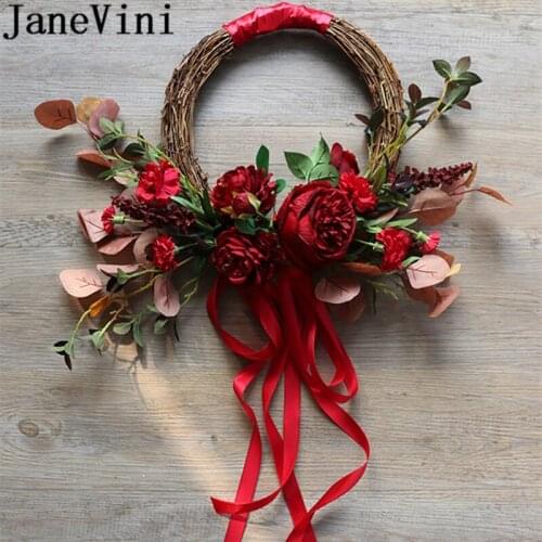 JaneVini 2019 Red Round Wedding Wreath Silk Flowers Bridal Bouquets Accessories Artificial Peony Leaf Bride Holding Hand Garland