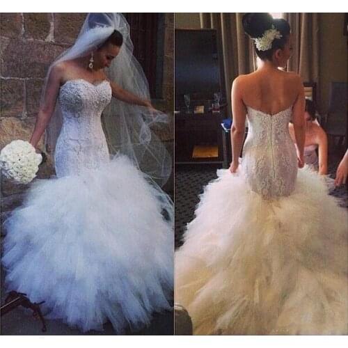 Lace Mermaid Wedding Dresses Appliques White Tiered Ruffles Tulle Bridal Dresses Floor Length Puffy Bodycon Wedding Gown