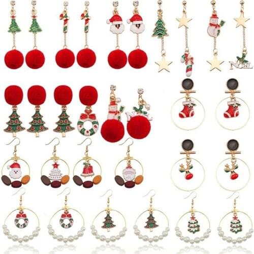 Trendy Red Pompom Earrings Star Long Earrings For Women Christmas Tree Wreath Pearl Bead Santa Claus Snowman Earrings Xmas Gift