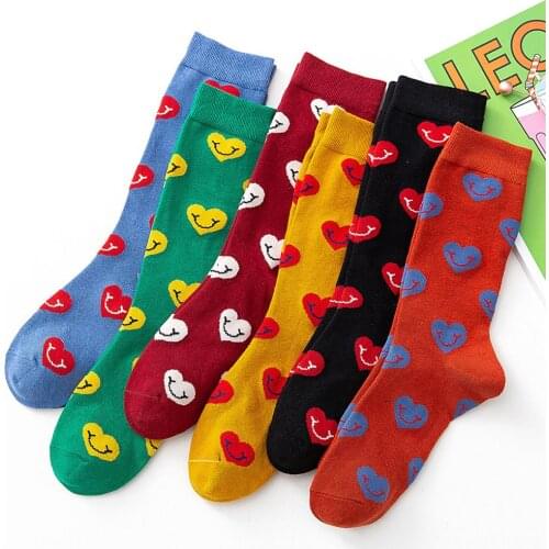 12Pcs=6Pairs/Lot New Trendy Cotton Happy Socks Women Cartoon Heart-Shaped Smiley Cute Socks Korean Style Girls Funny Socks Sox