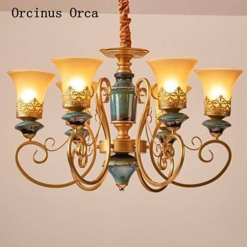 New European luxury blue ceramic chandelier living room dining room bedroom American romantic decoration golden glass chandelier