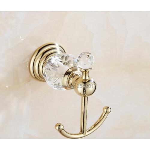 Luxury Bathroom Hardware Hooks Golden Polished Double Coat Hanger Crystal Vintage Cloth Robe Hooks ZR2123