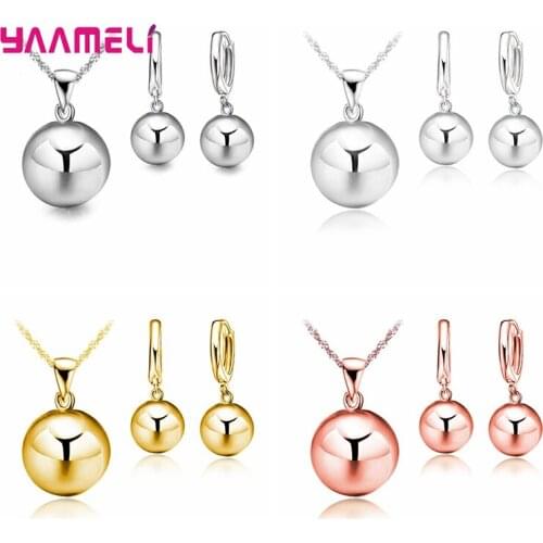Trendy Simple Silver Rose Gold Filled Round Ball Hoop Earrings For Women Fashion Pendant Necklace Earrings Jewelry Sets Bijoux