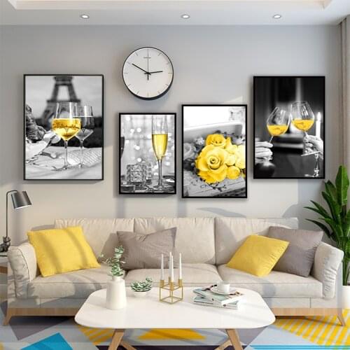 Nordic Yellow Champagne Wine Cheers Roses Canvas Painting Wall Art Prints and Posters Picture for Kitchen Living Room Home Decor