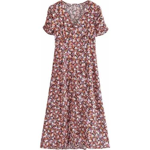 YENKYE Vintage Floral Print Elegant Ladies Dress Short Sleeve V Neck Sexy Slits Slim Women Long Dress Summer Party Vestido