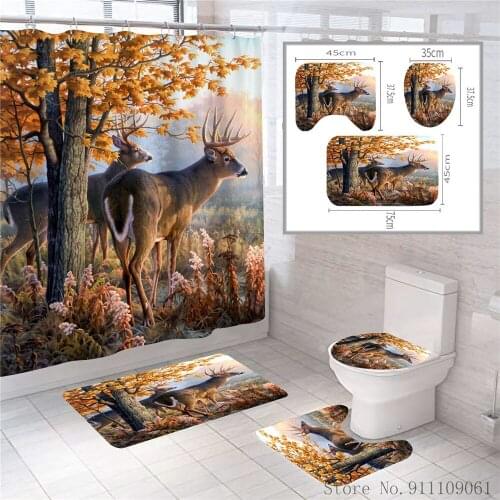 3D Moose Animal Printed Shower Curtain Waterproof Mildew Proof Polyester Fabrics Bathroom Partition Curtains Non-slip Toilet Mat